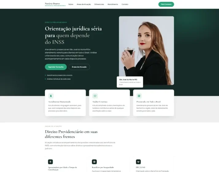 Topo de uma página publicada para uma advogada previdenciária, com título, foto e botão de contato
